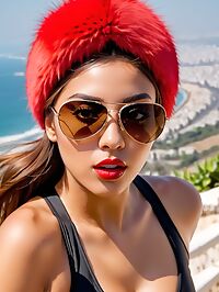 A stunning brunette woman with huge breasts sunbathes in Haifa